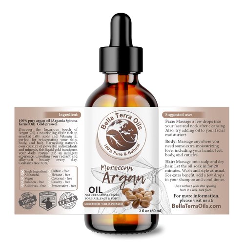Bella Terra Oils - Argan Oil 2oz - Nature's Hair Oil for Frizzy Hair, Packed with Vitamin E & Omega Fats, Best Serum for Radiant Skin