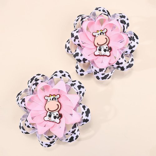 Funny Moo Cow Hair Clips Cute Cow Print Hair Clip White Pink Curly Flower Hair Pins Bowknot Grosgrain Ribbon Hair Alligator Clips Toddler Girl Hair Accessories for Baby Shower Party 2Pcs