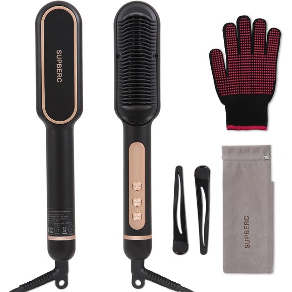 Negative Ionic Hair Straightener Brush with 9 Temp Settings, 30s Fast Heating, Hair Straightening Comb with LED Display, Anti-Scald & Auto-Shut Off Hair Straightening Iron (Black)