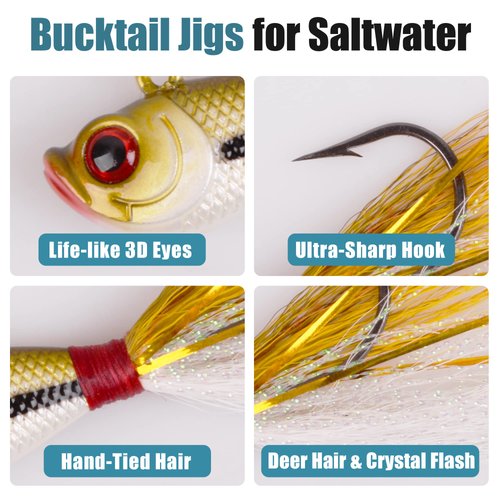 OROOTL Bucktail Jigs Saltwater Hair Jigs, 5pcs Bucktail Fishing Lures Surf Fishing Jigs Bucktail Hair Jigs for Bass Striper Flounder Snook Bluefish Halibut Redfish Fishing 1/4oz-2oz