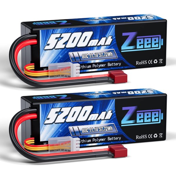 Zeee 3S 5200mAh Lipo Battery 11.1V 80C Hardcase Battery with Deans Plug for RC Car Boat Truck Helicopter Airplane Racing Models(2 Pack)