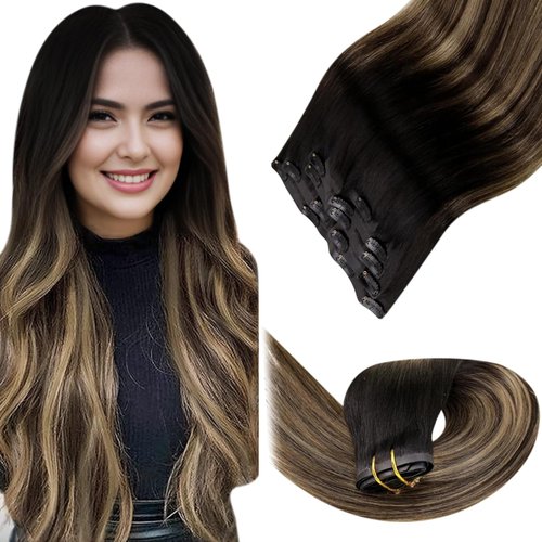 LaaVoo Seamless Clip in Hair Extensions Human Hair Black Ombre Brown Balayage Caramel Blonde Seamless Clip in Hair Extensions Real Human Hair 14 Inch Pu Clip in Hair Extensions Seamless 110g