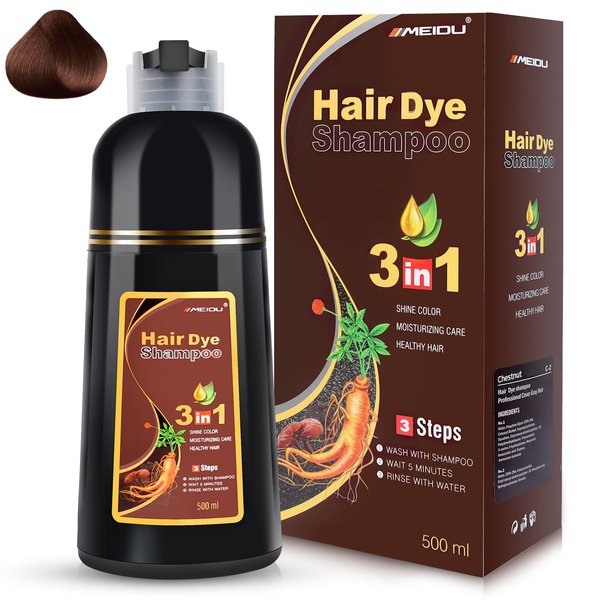 IIIMEIDU Chestnut Hair Dye Shampoo 3 in 1 for Women Men, Herbal Ingredients ColorShampoo in Minutes 500ML