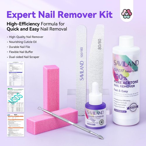 SAVILAND Acetone Nail Polish Remover Kit: Gel Remover with Cuticle Oil Rich in Castor Oil & VE for Repairing Nail, Nail File Buffer Tools for Dip Acrylic Remove Quick Expert Home Salon Use 8.45 Oz