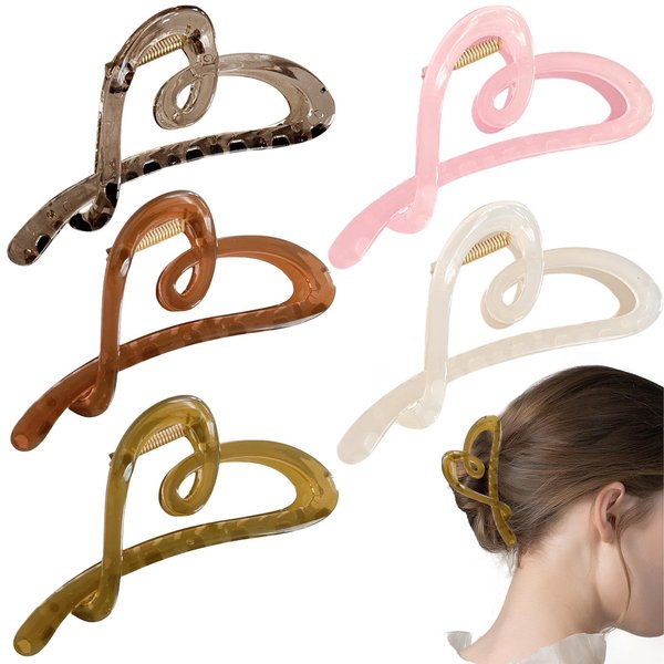 KuuGuu 5 PCS Heart Hair Claw Clips Elegant Love Hair Clips French Heart Shaped Big Banana Clips for Thin Thick Curly Hair Fashion Non Slip Strong Hold Barrtte for Women Girls Hair Styling Accessories