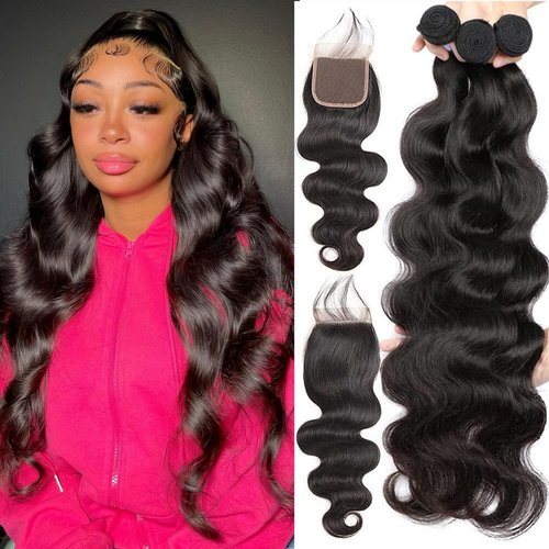 Releek 12A Grade Brazilian Body Wave Human Hair Bundles With 4X4 Lace Closure Free Part (24 26 28+22) Inch Body Wave Hair 3 Bundles with Closure Body Wavy Human Hair Weave 3 Bundles 100% Unprocessed Brazilian Virgin Human Hair Extensions