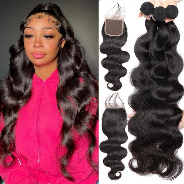 Releek 12A Grade Brazilian Body Wave Human Hair Bundles With 4X4 Lace Closure Free Part (24 26 28+22) Inch Body Wave Hair 3 Bundles with Closure Body Wavy Human Hair Weave 3 Bundles 100% Unprocessed Brazilian Virgin Human Hair Extensions