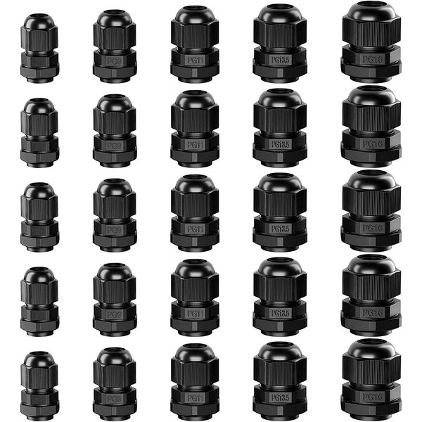 GiBot Cable Glands - 25 Pack Plastic Waterproof 3.5-13mm Cable Glands Joints Wire Protectors, PG 7/9/11/13.5/16, Black