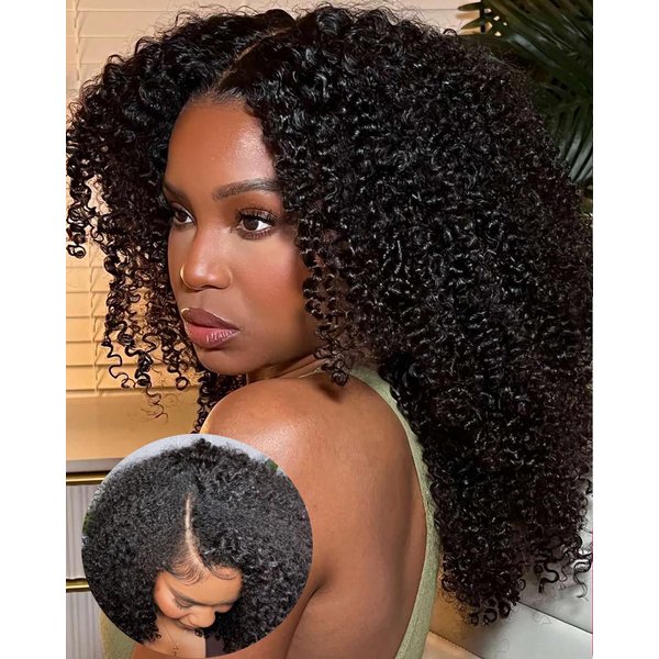 Vshow Curly V Part Wig Human Hair Upgrade U Part Wigs Human Hair Wigs for Women Glueless V Shape Wigs Afro Curly Wigs No Leave Out 180% Density Natural Color 18Inch