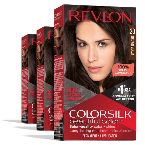 Revlon Permanent Hair Color, Permanent Hair Dye, Colorsilk with 100% Gray Coverage, Ammonia-Free, Keratin and Amino Acids, 20 Brown Black, 4.4 Oz (Pack of 3)