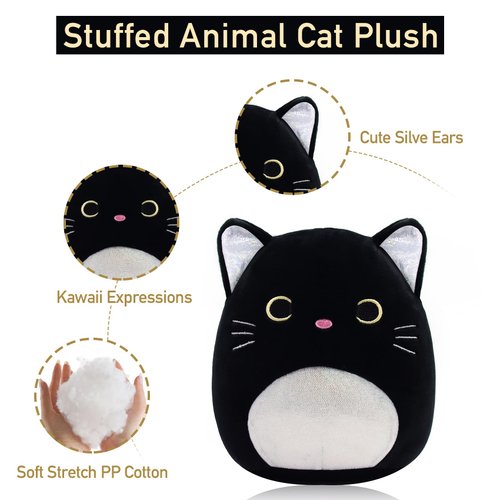 Black Cat Plush Kawaii Plush, 8'' Cat Stuffed Animals Pillow Cute Silver Ears Black Cat Pillow Plush Toy, Soft Plush Stuffed Cat Doll for Kids Girlfriend Birthday Christmas