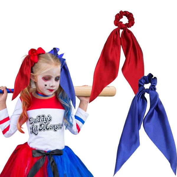 2 Pcs Red Blue Hair Scarf Scrunchie, Clown Hair Accessories, Satin Silk Hair Ties With Tail Hair Scrunchies Elastic Ponytail Holder Bracelet Ropes Hair for Women Girls Independence Day Decor