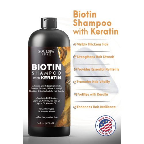SOULSPA PURE Biotin Shampoo with Keratin - Advanced Anti-Thinning, Hair Growth & Repair Formula - Soothes Scalp, with Tea Tree Oil & DHT Blockers - Strong, Healthy Hair for Men & Women - 16 fl oz