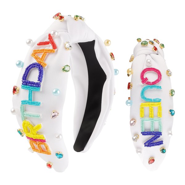 COCIDE BIRTHDAY QUEEN Headbands for Women, Knotted Headbands for Women Pearl Wide Plain Turban Colorful Beads Hairbands Fashion Cross Knot Hair Bands with Crystal and Rhinestones (White)