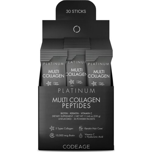Codeage Multi Collagen and Biotin 10,000 mcg + Vitamin C, B6 & D3, Keratin, Hyaluronic Acid, Niacin, 18 Amino Acids - Stick Packs Supplement - 5 Types Collagen Protein – 30 Powder Packets