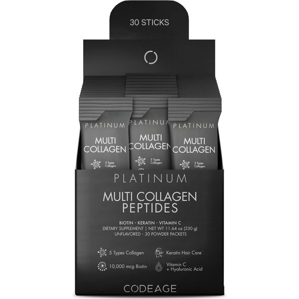 Codeage Multi Collagen and Biotin 10,000 mcg + Vitamin C, B6 & D3, Keratin, Hyaluronic Acid, Niacin, 18 Amino Acids - Stick Packs Supplement - 5 Types Collagen Protein – 30 Powder Packets