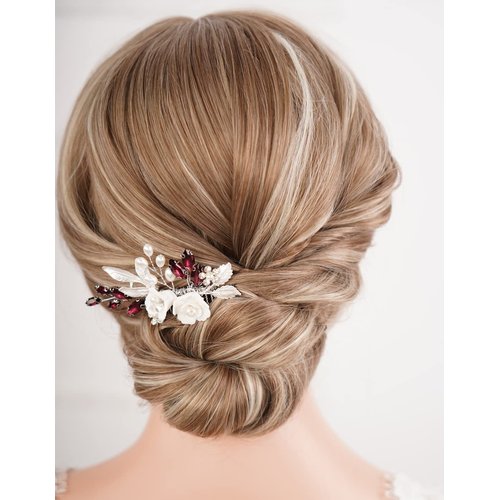 Missgrace Bride Wedding Crystal Pearl Leaf Rhinestones Hair Comb Blue Purple Bridal Hair Pieces Rhinestone Bridal Hair Clip Flower Hair Side Combs Wedding Hair Accessories for Brides Women (Silver Wine Red)