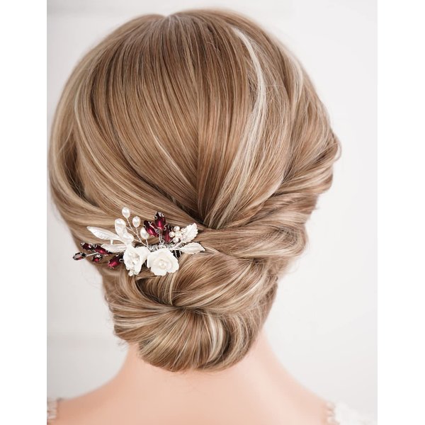Missgrace Bride Wedding Crystal Pearl Leaf Rhinestones Hair Comb Blue Purple Bridal Hair Pieces Rhinestone Bridal Hair Clip Flower Hair Side Combs Wedding Hair Accessories for Brides Women (Silver Wine Red)