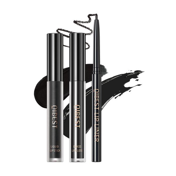 3Pcs Black Matte Liquid Lipstick, Lip Liner, Lip Gloss Trio Lip Set - One Step Halloween Lips Makeup Kits Waterproof Long-Lasting Moisturizing Velvety Black Lip Stain Make Up Gift Set (12#)