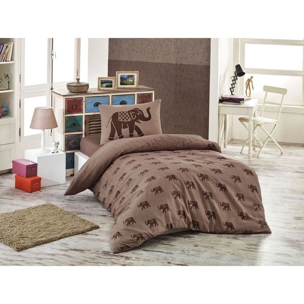 Elephant Themed Quilt/Duvet Cover Set, Single/Twin Size, Made in Turkey, Brown, Comforter Included (4 Pcs)