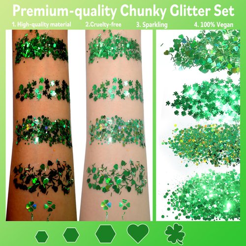 Allstarry Holographic Chunky Body Glitter 4 Colors Cosmetic Face Glitter Eyeshadow Makeup Aurora Green, Hair and Eye Glitter Rave Accessories for Women Makeup Spring St. Patrick's Day Manicure