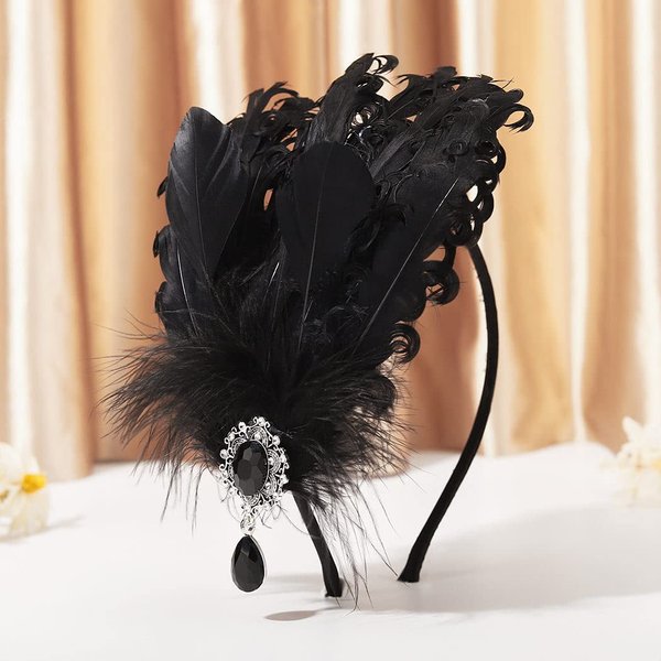 GENBREE 1920s Flapper Headband Gatsby Headpiece Feather Hair Hoop Feather Headwear Cocktail Party Hair Accessories for Women and Girls (Black)