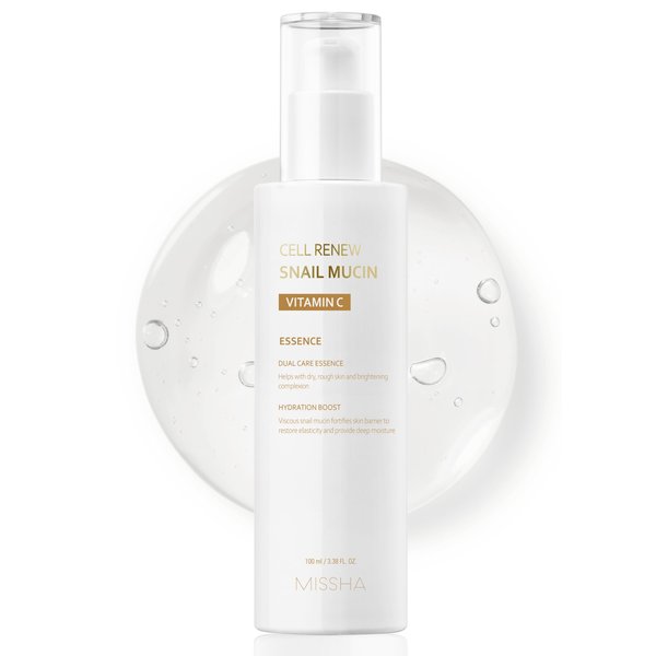 MISSHA Cell Renew Snail Mucin Vitamin C Essence Serum 3.38 Fl oz - Hydrating Korean Skincare for Glass Skin, Snail Mucin Serum for Improved Skin Texture & Complexion