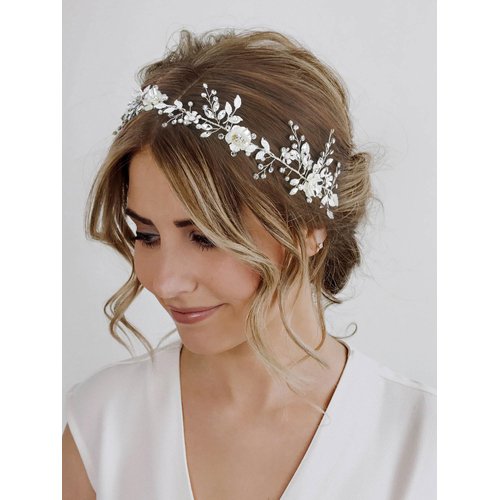 SWEETV Flower-Leaf Bridal Headpieces for Wedding Hair Band for Brides Headband Rhinestone Wedding Headband Silver Flower Girl Bridesmaid Hair Vine