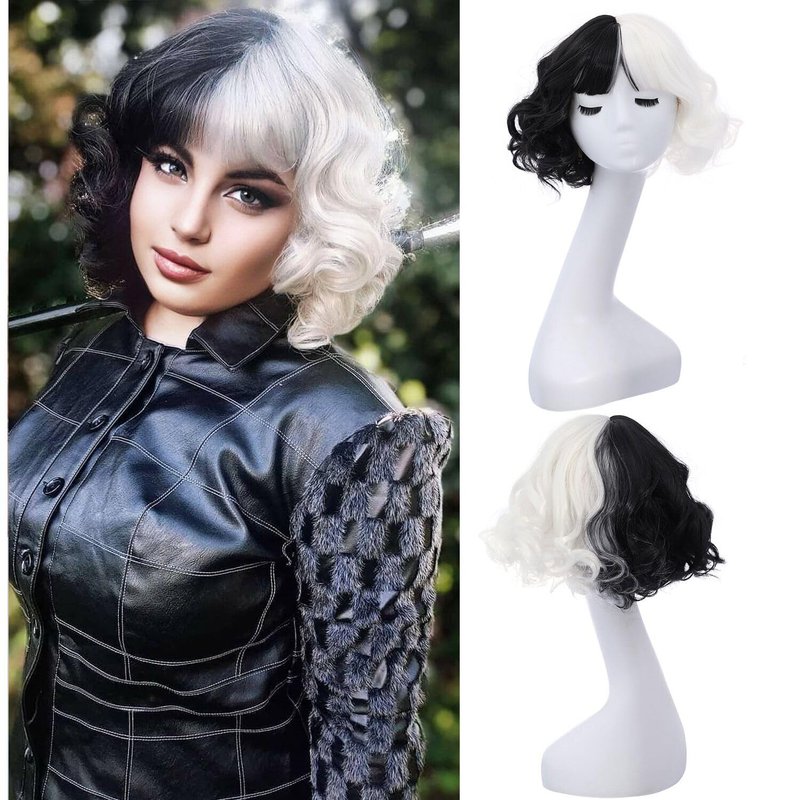 RightOn Black White Wig Two Tone Wig Short Curly Wig with Bangs ...