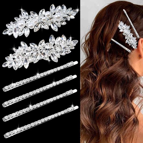 6 Pieces Rhinestone Bridal Hair Clips Leaf Wedding Hair Pins Crystal Bobby Pins Silver Hairpin Jewelry Barrette for Brides Bridesmaids Flower Girls