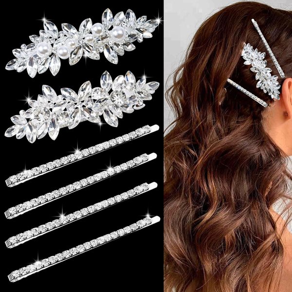 6 Pieces Rhinestone Bridal Hair Clips Leaf Wedding Hair Pins Crystal Bobby Pins Silver Hairpin Jewelry Barrette for Brides Bridesmaids Flower Girls