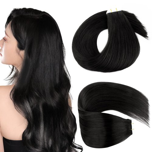 Lovrio 22" 20pcs 50g Tape in Hair Extensions Black Hair Color Jet Black Silky Straight Tape ins Huamn Hair