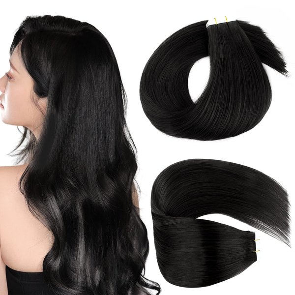 Lovrio 22" 20pcs 50g Tape in Hair Extensions Black Hair Color Jet Black Silky Straight Tape ins Huamn Hair