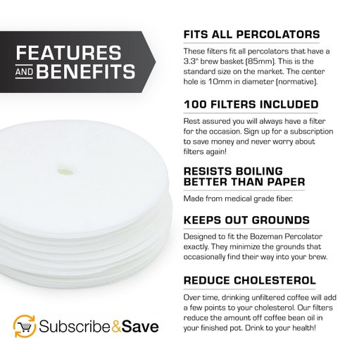 COLETTI Percolator Coffee Filters — Disc Coffee Filters For Percolators – For Bozeman, Butte, & Scoutmaster Camping Coffee Pot – Medical Grade Fiber, Perfectly Tasteless [100 pack, Synthetic, 3.75”]