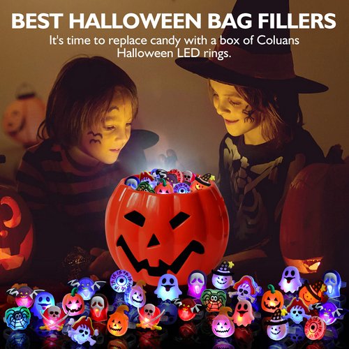 Coluans Halloween Treats 50Pcs Halloween Light Up Rings LED Halloween Toys Glow in The Dark Halloween Party Favors for Kid LED Flash Rings Non Candy Gift Bag Fillers NEW VERSION