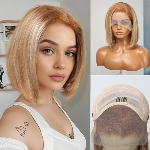 DWY Bob Wig Human Hair 13x4 HD Lace Front Wigs Human Hair Short Ombre Strawberry Blonde Wig for Women Human Hair Lace Front Wigs 12 Inch with Highlights