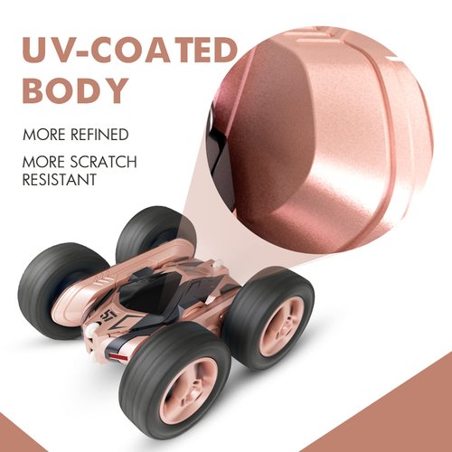 Tecnock Remote Control Car for Kids,360 ° Rotating Double Sided Flip RC Stunt Car,2.4Ghz 4WD Toy Car with Rechargeable Battery for 45 Min Play,Great Gifts for Boys and Girls(Pink)