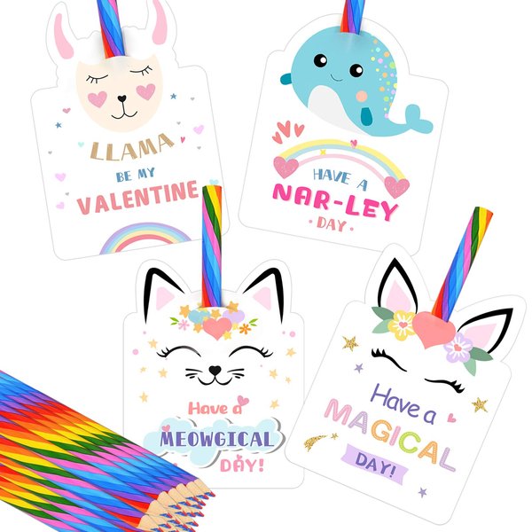 Valentines Day Cards for Kids - Set of 24 Rainbow Pencils Unicorn Valentines - Class Party Favors Valentine day cards Exchange Bulk for Girls Boys School Classroom Supplies