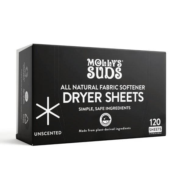 Molly's Suds Fabric Softener Dryer Sheets for Sensitive Skin | Plant-Based Static Reducer, Plastic-Free Packaging | Unscented (120 Sheets)
