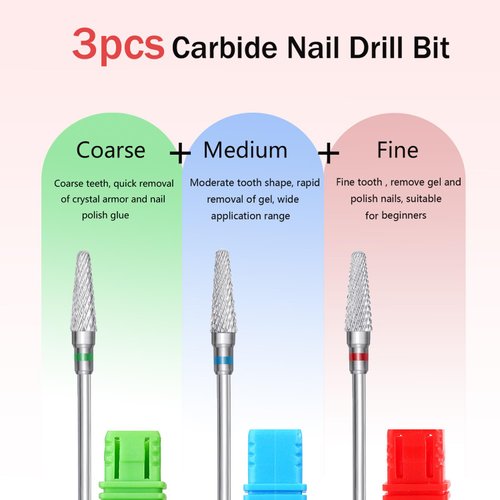 ASWEINA 3 pcs/Pack Nail Bits for Acrylice Nail, 3/32" Tungsten Carbide Tapered Drill Bits for Nails Professional Fast Removing Acrylic Hard Gels Nail Efile Bit For Electric Machine (L4)