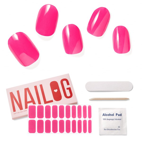 NAILOG Semi Cured Gel Nail Strips│20pcs Extra Long Nail Polish Strips│Nail Stickers with Glossy Gel Finishing│Pink Bomb