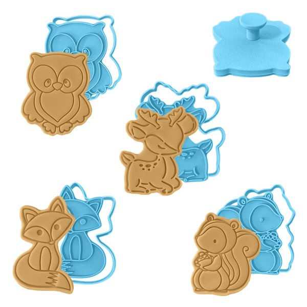 Moose Goods Woodland Animal Cookie Cutters Set of 4 - Animal Shaped Cookie Stamps & Cutters, Easy to Use Shaper - For Baking & Kitchen, Food Grade Material - Deer, Fox, Owl, & Squirrel - Baby Blue
