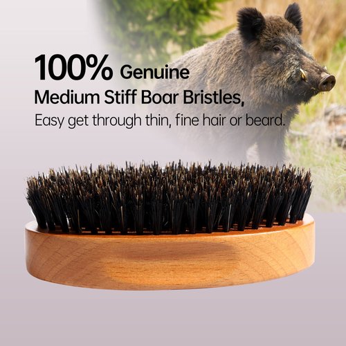 PERFEHAIR Boar Bristle Beard Brush for Men, Firm Bristles Wood Hair Comb for Mustache, Thin, Short Hair - Military Style