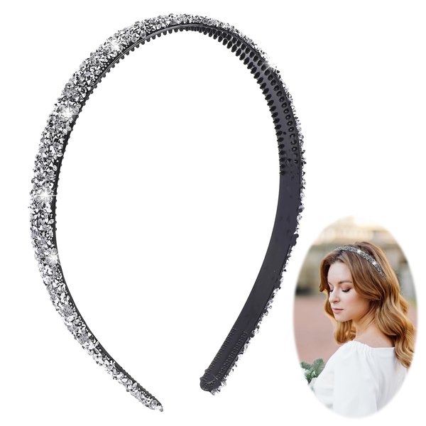InnoHHustle Rhinestone Headbands for Women Girls Silver Headband Thin Crystal Headbands Sparkly Crystal Diamond Headband Bling Hair Hoops Non Slip Hair Band for Bride Bridesmaids Wedding Party