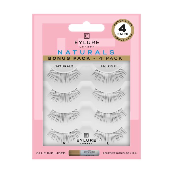 Eylure Naturals No. 020 Reusable Eyelashes, Adhesive Included, Black, 4 Pairs