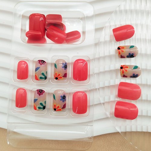 Square Press on Nails Short Fake Nails Press ons with Cute Colorful Flower Designs Glossy Glue on Nails Acrylic Reusable False Nails Red Full Cover Stick on Nails for Women Girls 24Pcs