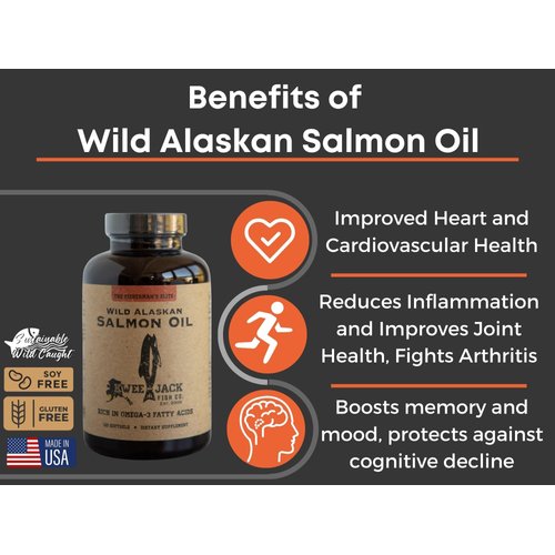Kwee-Jack Fish Co. Wild Alaskan Salmon Fish Oil Omega 3 Supplement 120 Softgels 1000mg Salmon Oil Per Capsule | Anti-Inflammation, Brain, Heart, Joint Health | EPA, DHA, Vitamin D, Astaxanthin