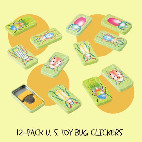 U. S. Toy Bug Clickers, Sturdy Metal/Plastic Noise Makers, Assorted Designs, 1” x 1.75, Birthday Gift for Toddlers, Party Favors, Pack of 12