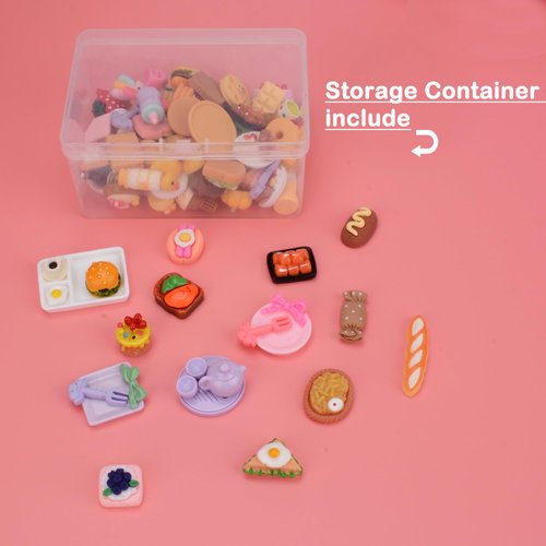 MUYIZI 100Pcs Miniature Food with Storage Box Mini Food Miniature Doll House Accessories Small Resin Doll Food Dollhouse Food Set for Pretend Play Kitchen