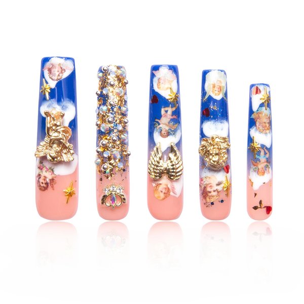 LOVFUL Press on Nails the Palace of Murals | Handmade with Full Covered Crystals | Reusable Fake Nails | 2.16in Long Square | H174-L